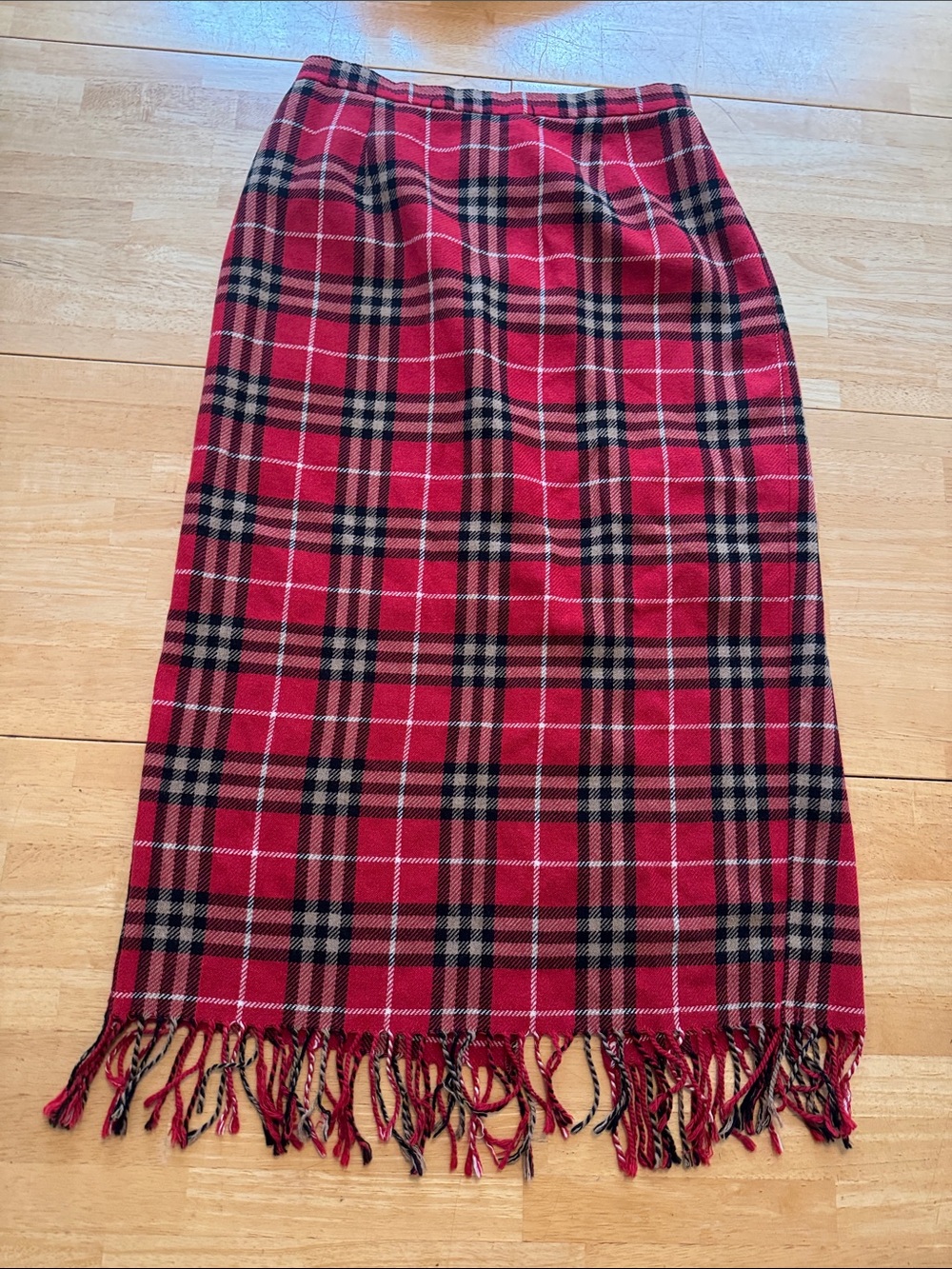 Red Plaid Pencil Skirt with Fringe